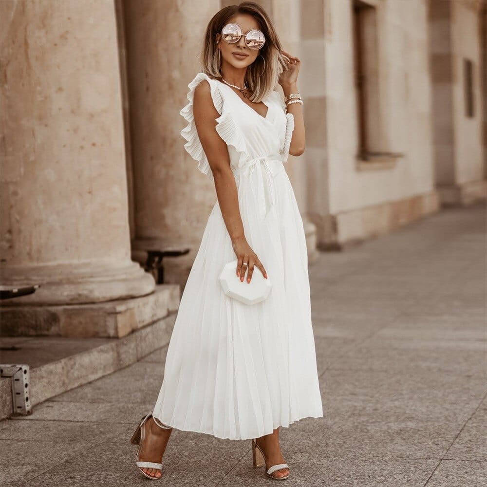 Damen Weißes Boho Hochzeits Weißes Kleid – Romantisches Strand Brautkleid