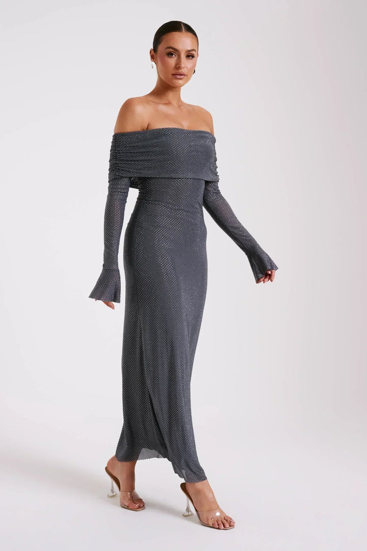 Damen Pailletten Schulterfreies Langes Kleid