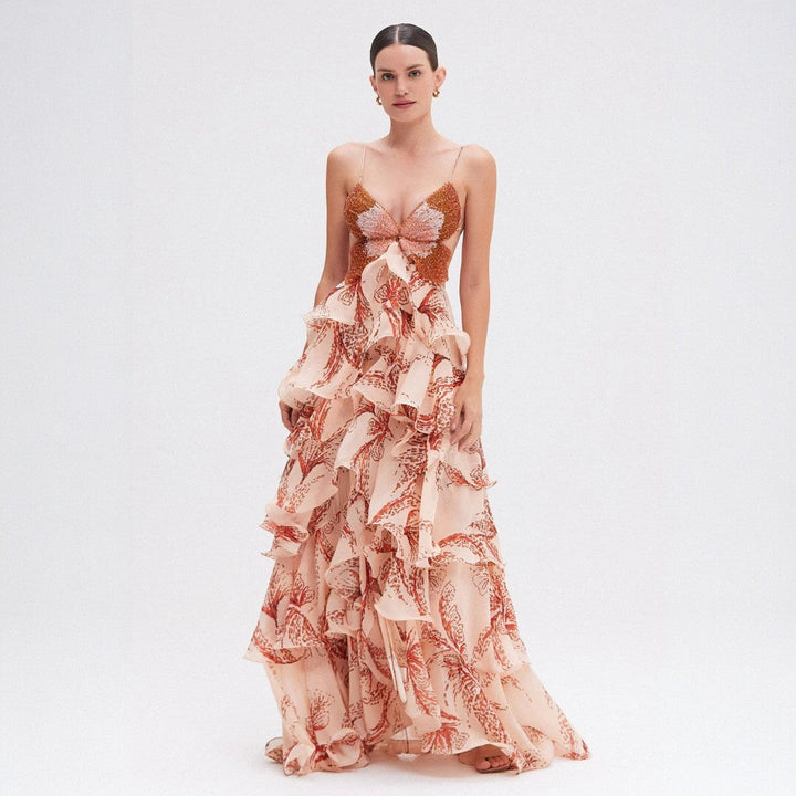 Damen V-Ausschnitt Lagen Maxikleid - Eleganter Langer Anlass Stil
