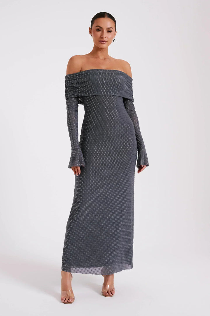 Damen Pailletten Schulterfreies Langes Kleid