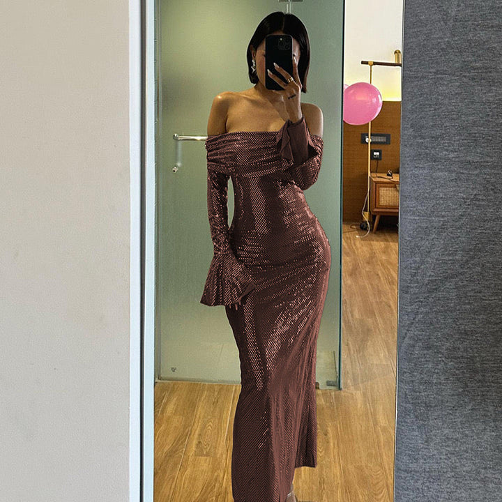 Damen Pailletten Schulterfreies Langes Kleid