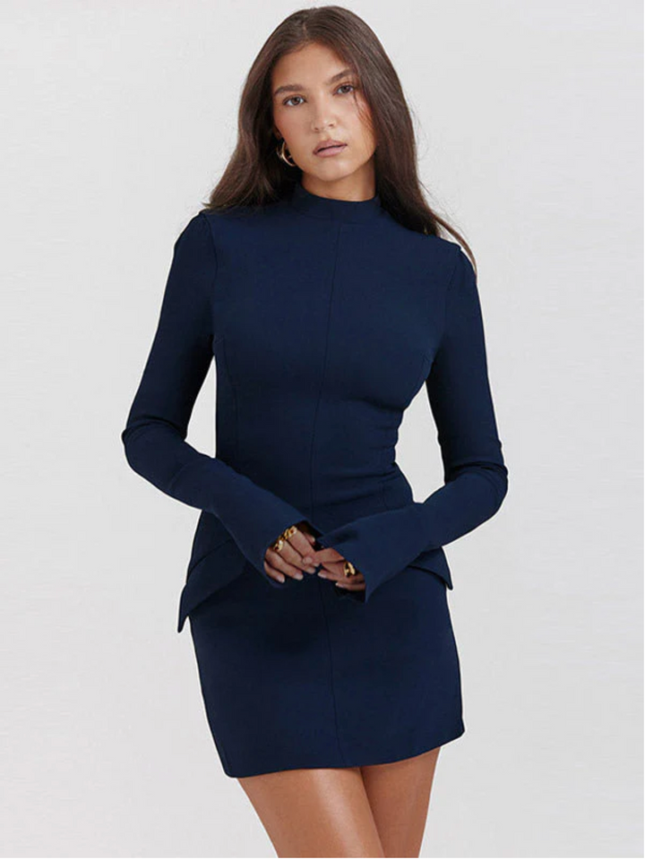 Damen Rundhals Langarm Lagenkleid