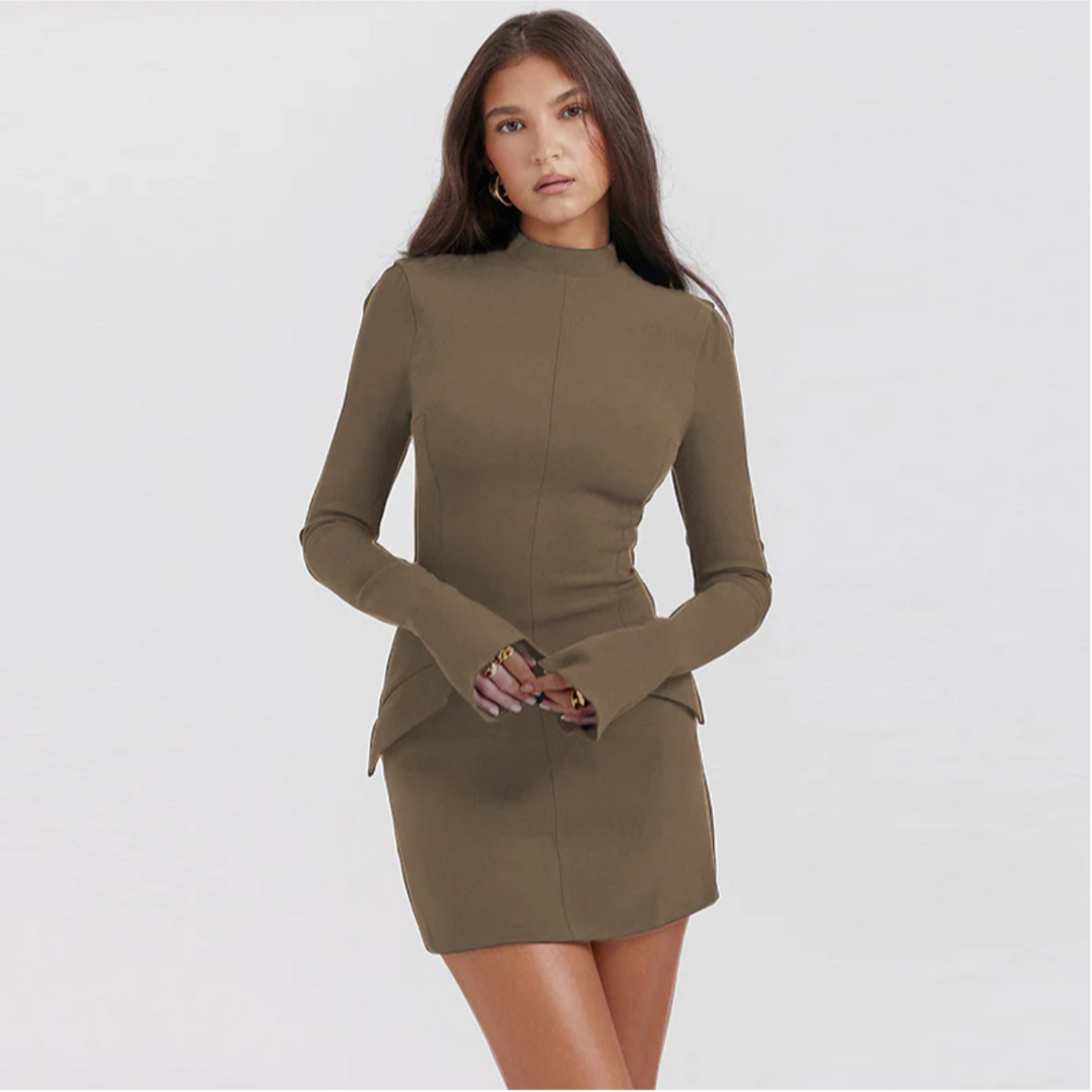 Damen Rundhals Langarm Lagenkleid