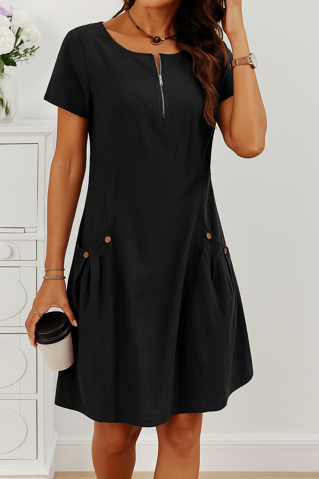 Damen Kurzarm Baumwollkleid