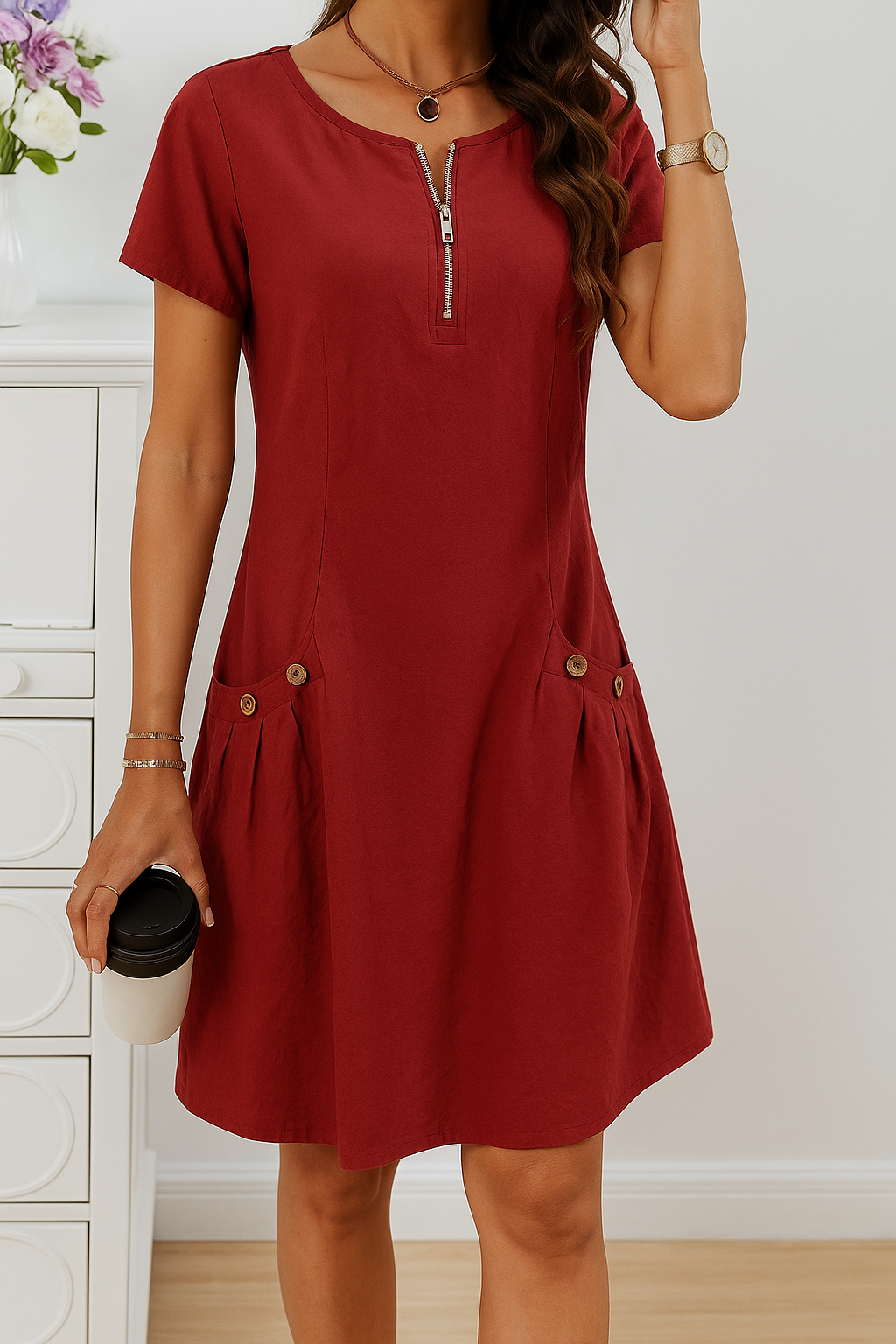 Damen Kurzarm Baumwollkleid