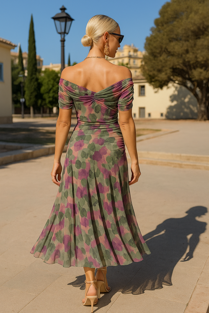 Elegantes Damen-Midikleid mit tiefem V-Ausschnitt und Blumenmuster – Perfekt für Cocktailpartys