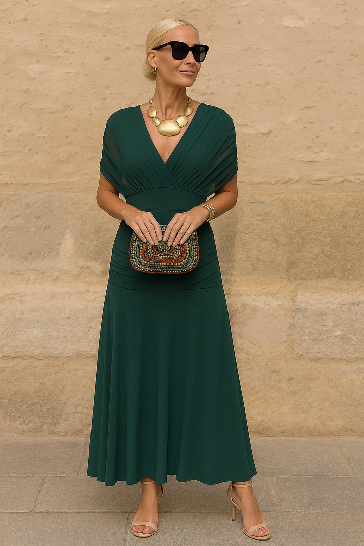 Elegantes Damen-Midikleid mit tiefem V-Ausschnitt und Blumenmuster – Perfekt für Cocktailpartys