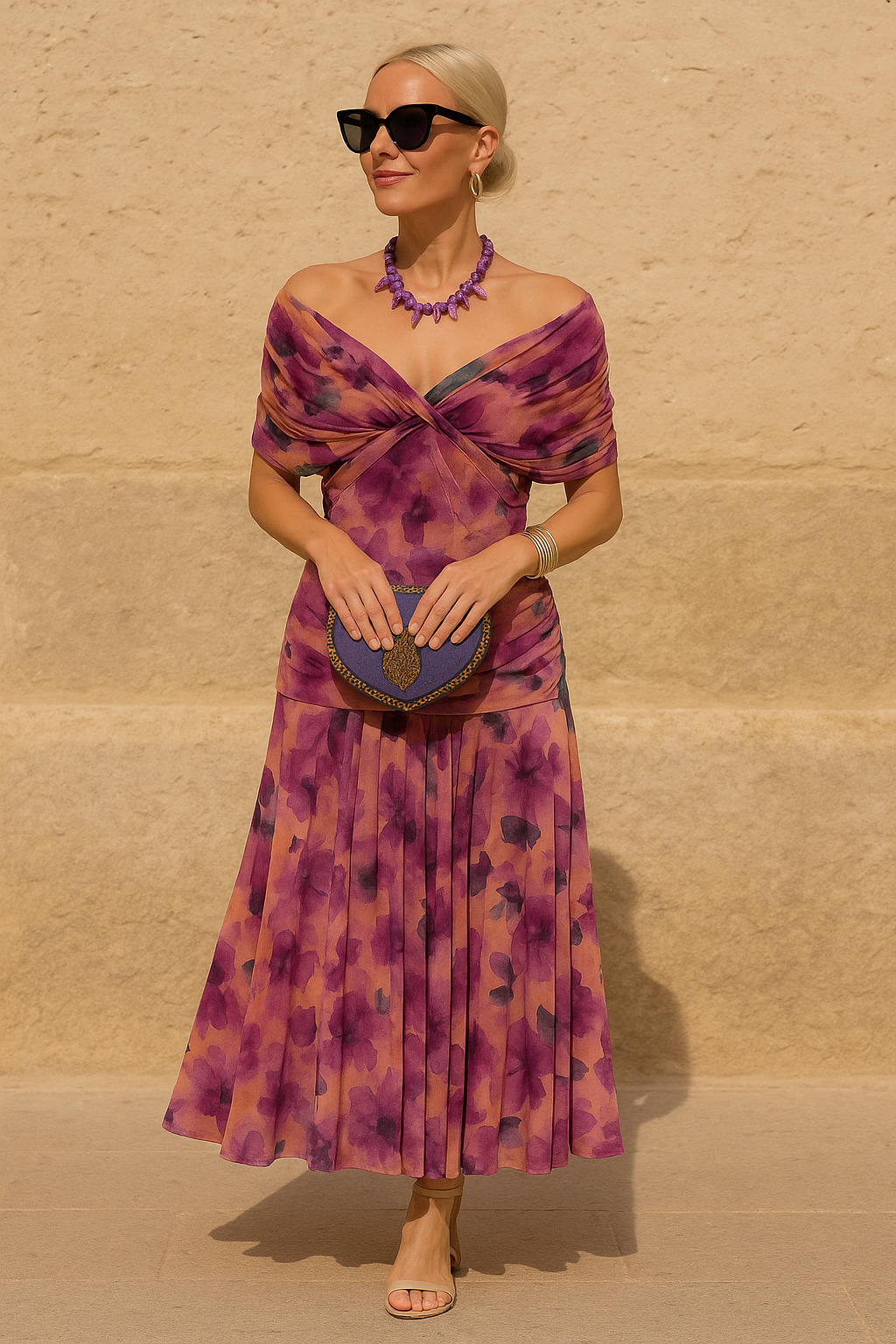 Elegantes Damen-Midikleid mit tiefem V-Ausschnitt und Blumenmuster – Perfekt für Cocktailpartys