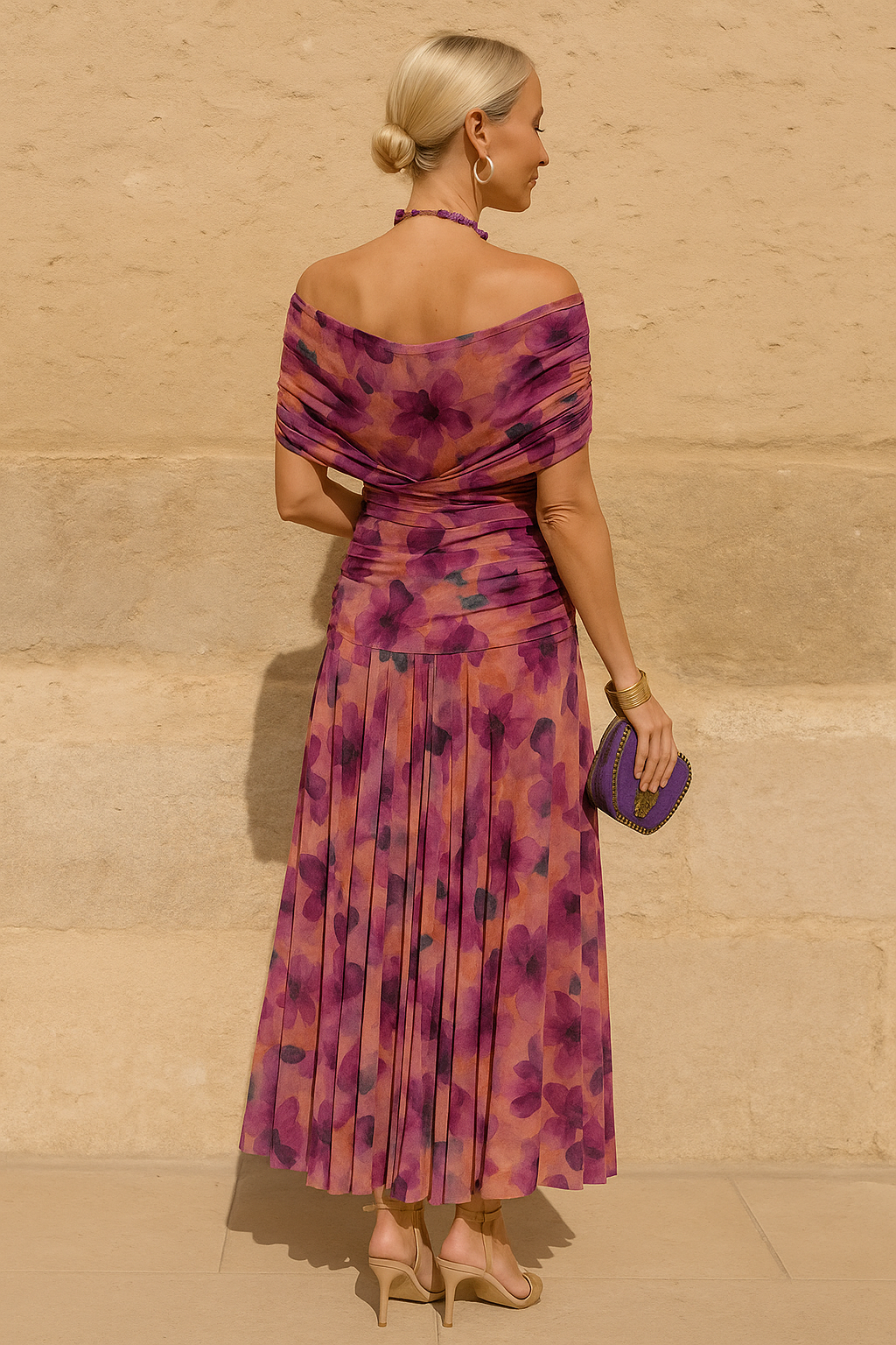 Elegantes Damen-Midikleid mit tiefem V-Ausschnitt und Blumenmuster – Perfekt für Cocktailpartys