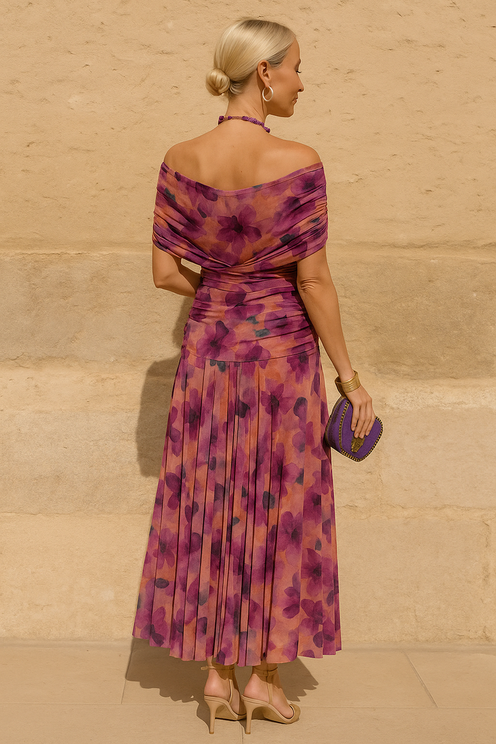 Elegantes Damen-Midikleid mit tiefem V-Ausschnitt und Blumenmuster – Perfekt für Cocktailpartys