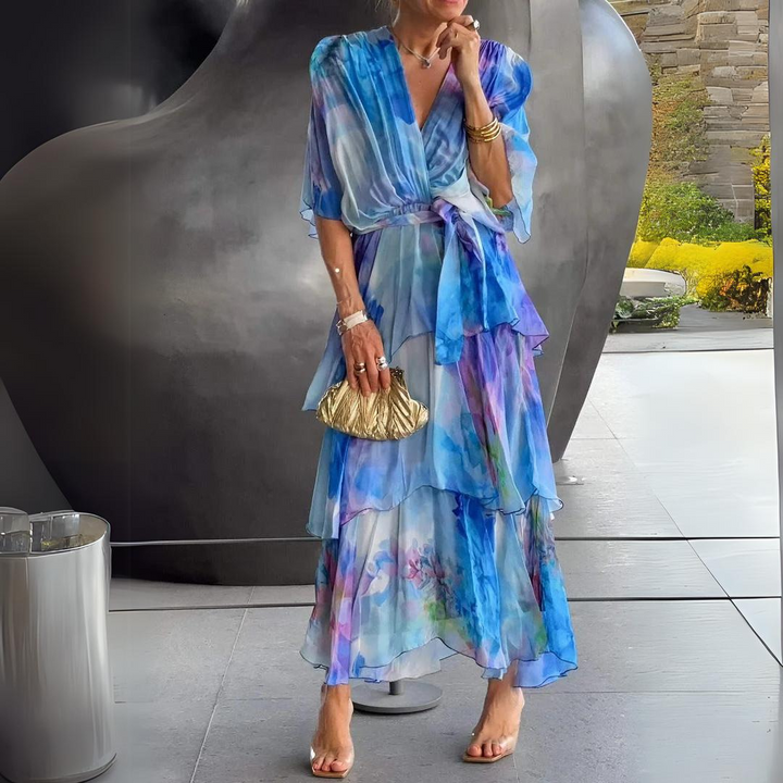 Damen V-Ausschnitt Lagenlook Blaues Kleid