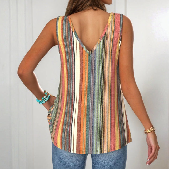 Damen V-Ausschnitt Bunt Gestreiftes Tank Top – Leichtes Sommertop