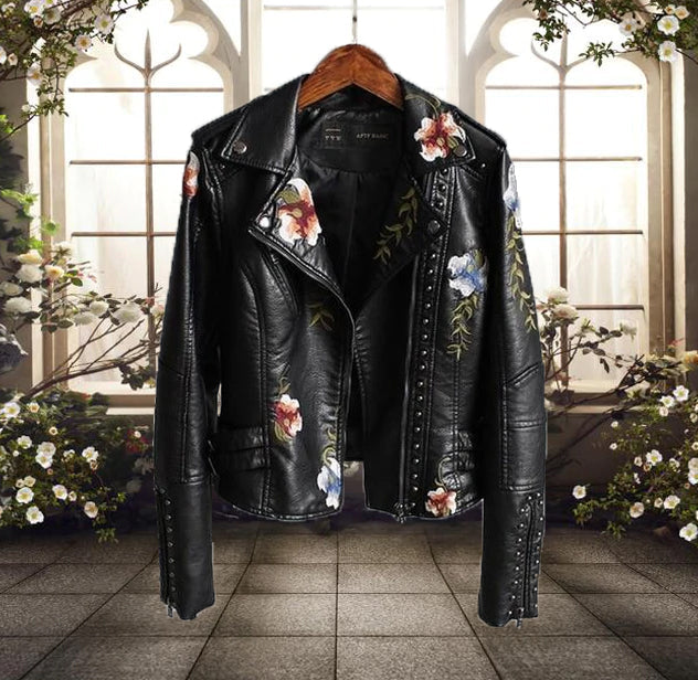 Damen Bikerjacke mit Blumenmuster – Stilvoll und Vielseitig für Jeden Anlass 0