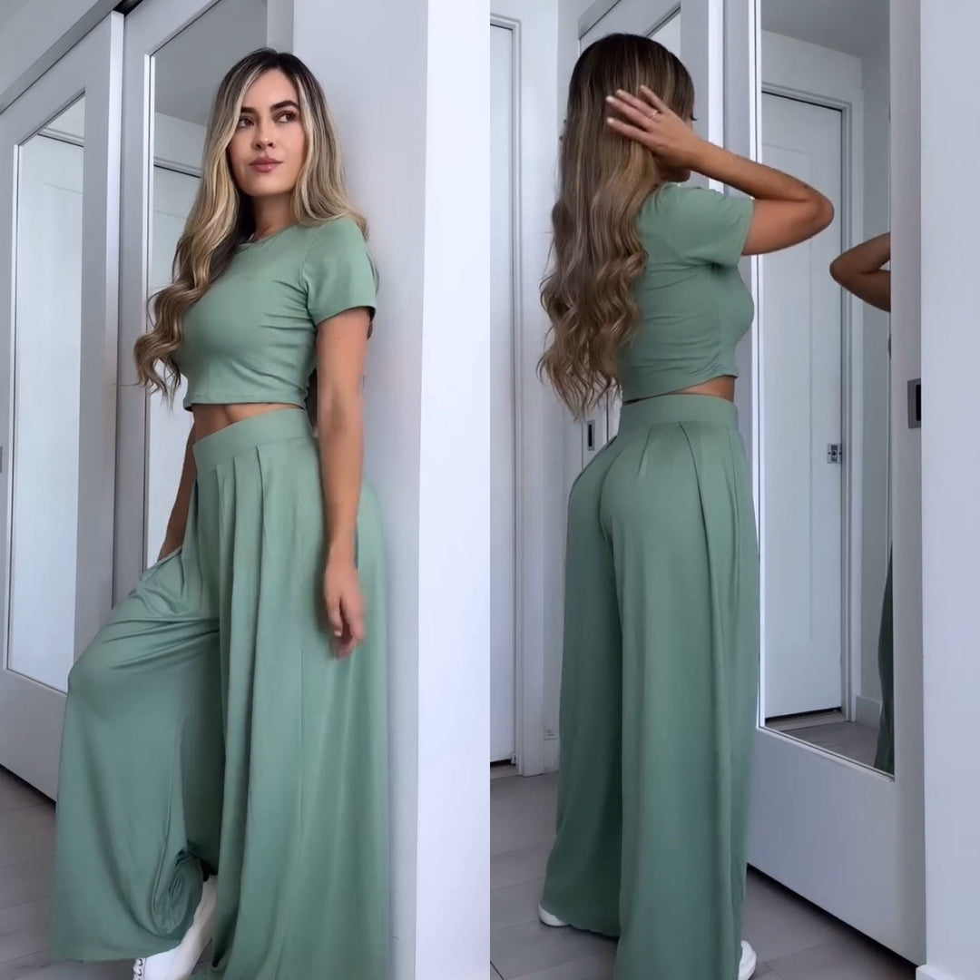 Damen Set: Leichtes Crop-Top und Palazzo-Hosen für lässige Anlässe 0
