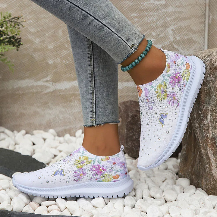Damen Glitzer Strick Plattform Sneaker – Atmungsaktive Schuhe Mit Blumenmuster