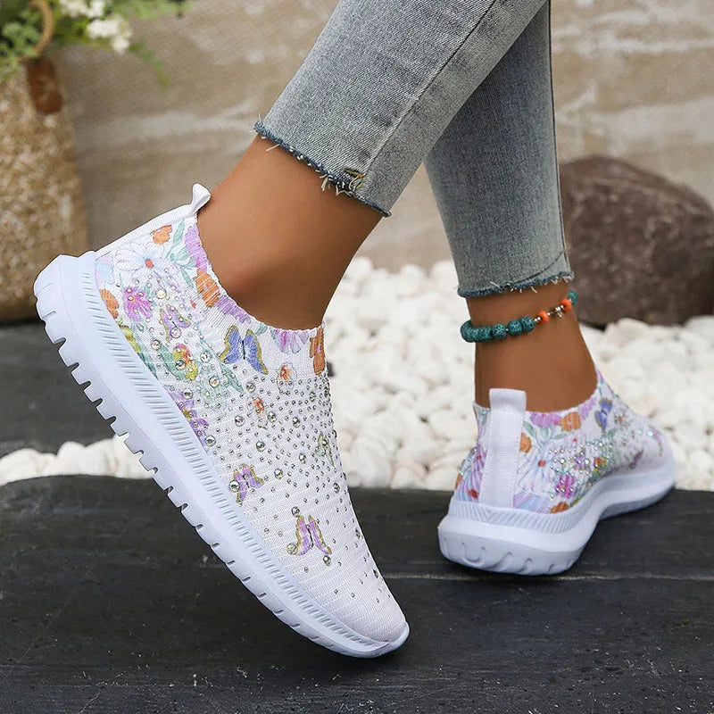 Damen Glitzer Strick Plattform Sneaker – Atmungsaktive Schuhe Mit Blumenmuster