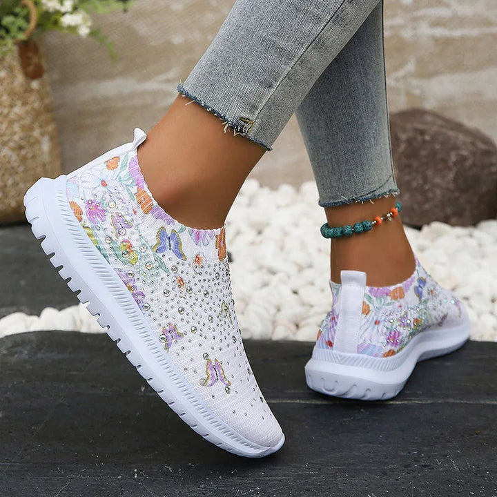 Damen Glitzer Strick Plattform Sneaker – Atmungsaktive Schuhe Mit Blumenmuster