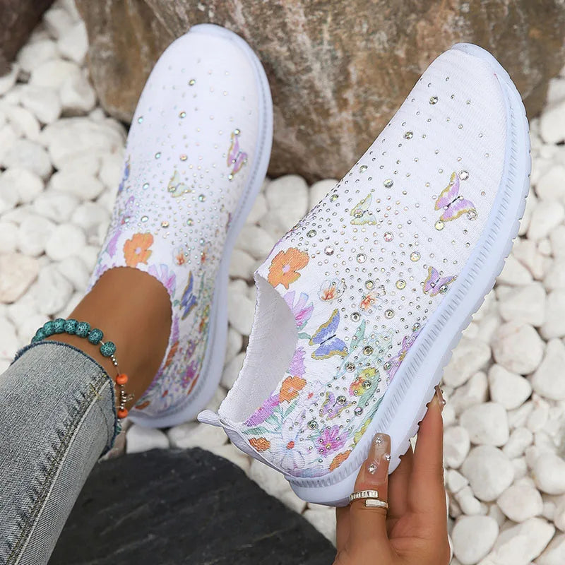 Damen Glitzer Strick Plattform Sneaker – Atmungsaktive Schuhe Mit Blumenmuster