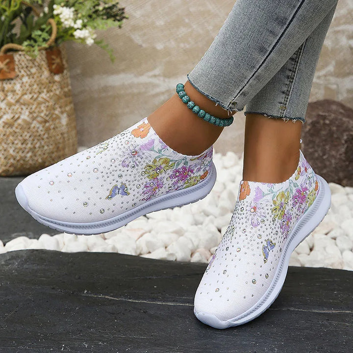 Damen Glitzer Strick Plattform Sneaker – Atmungsaktive Schuhe Mit Blumenmuster