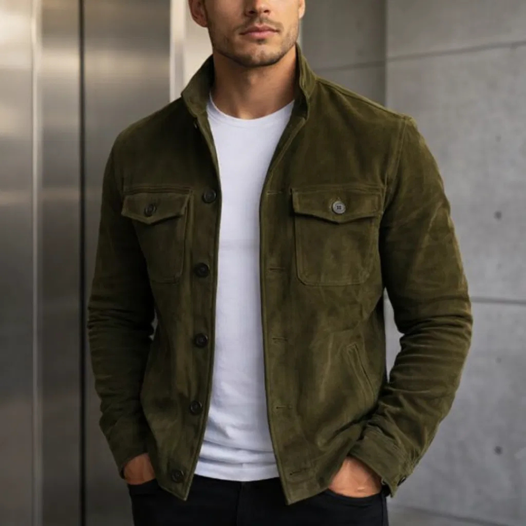Herren Olivgrüne Wildleder Hemdjacke – Stilvolle Legere Oberbekleidung