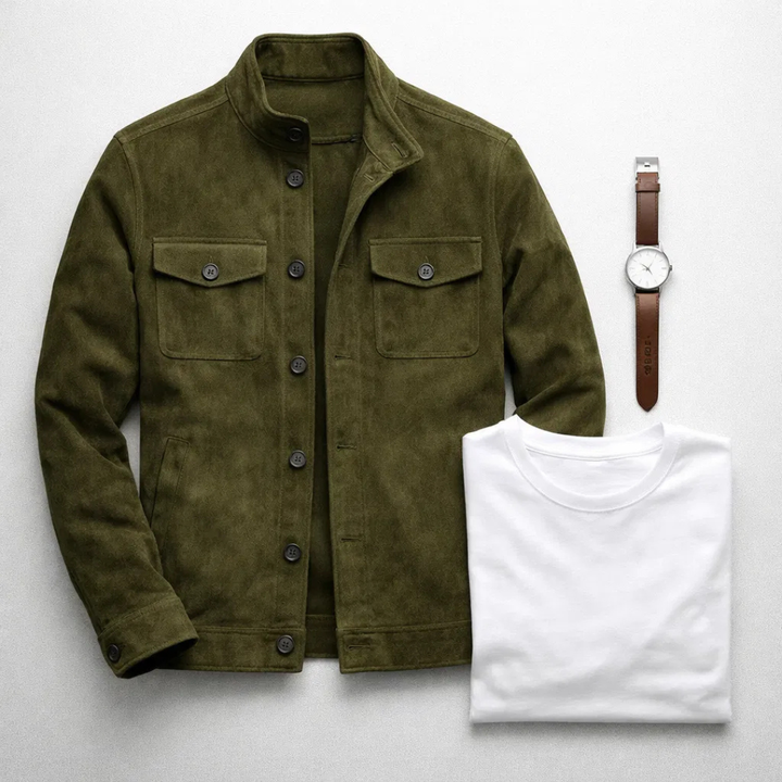 Herren Olivgrüne Wildleder Hemdjacke – Stilvolle Legere Oberbekleidung