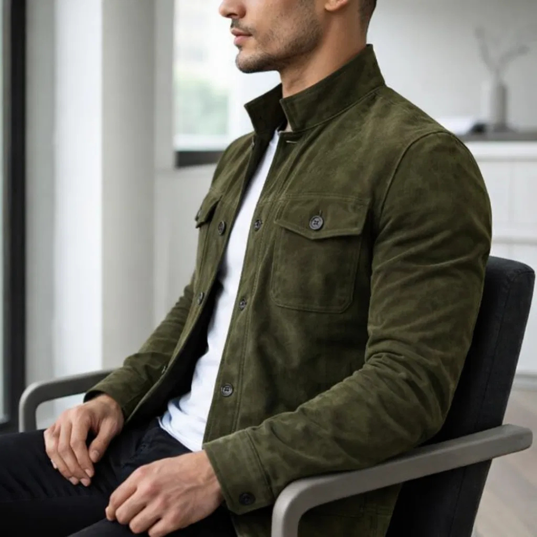 Herren Olivgrüne Wildleder Hemdjacke – Stilvolle Legere Oberbekleidung
