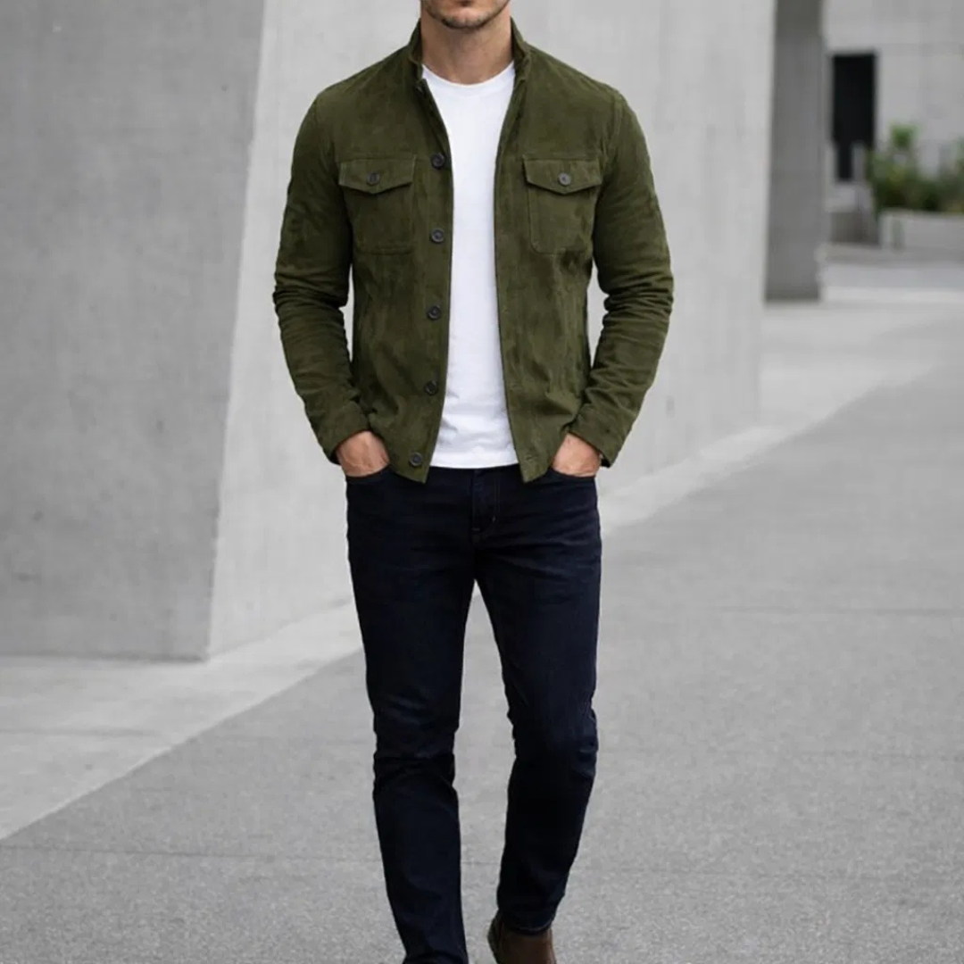 Herren Olivgrüne Wildleder Hemdjacke – Stilvolle Legere Oberbekleidung