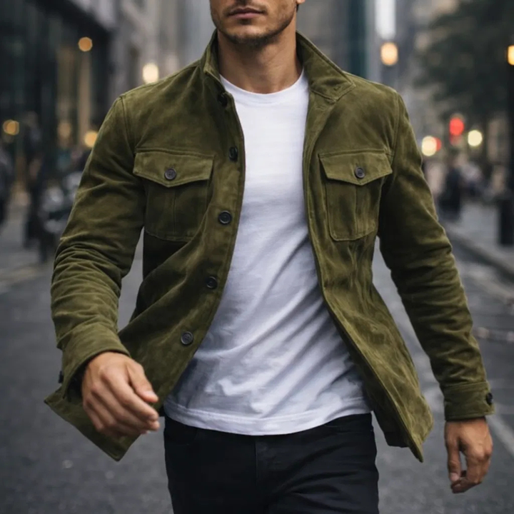 Herren Olivgrüne Wildleder Hemdjacke – Stilvolle Legere Oberbekleidung