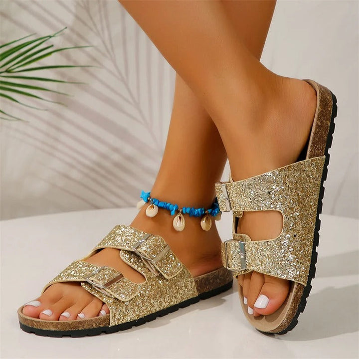 Doppelte Schnalle Pailletten-Sandalen für Frauen 0