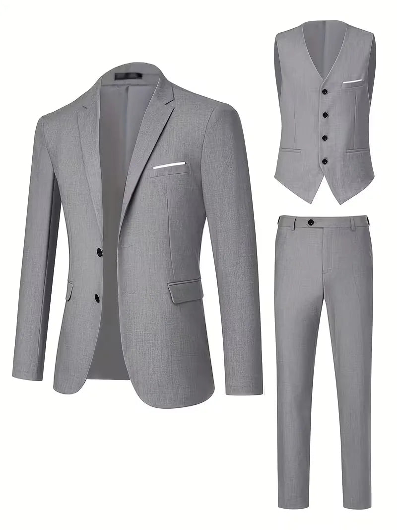 Slim-Fit-Dreiteiler für Herren – Eleganter, formeller Stil mit glänzender Oberfläche