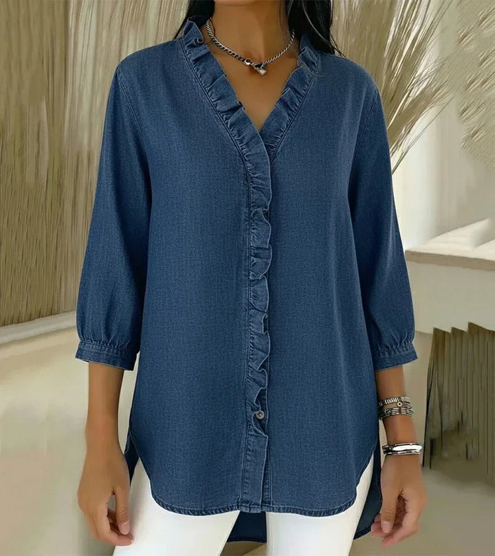 Damen V-Ausschnitt Denim Bluse - Langarm Top Mit Rüschen
