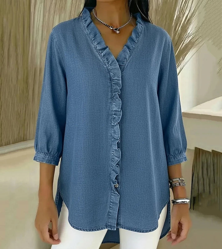 Damen V-Ausschnitt Denim Bluse - Langarm Top Mit Rüschen