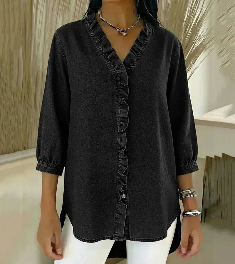 Damen V-Ausschnitt Denim Bluse - Langarm Top Mit Rüschen
