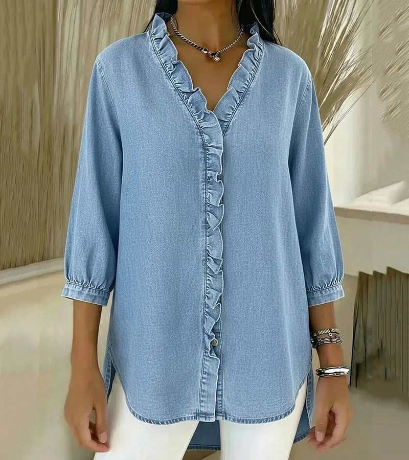 Damen V-Ausschnitt Denim Bluse - Langarm Top Mit Rüschen