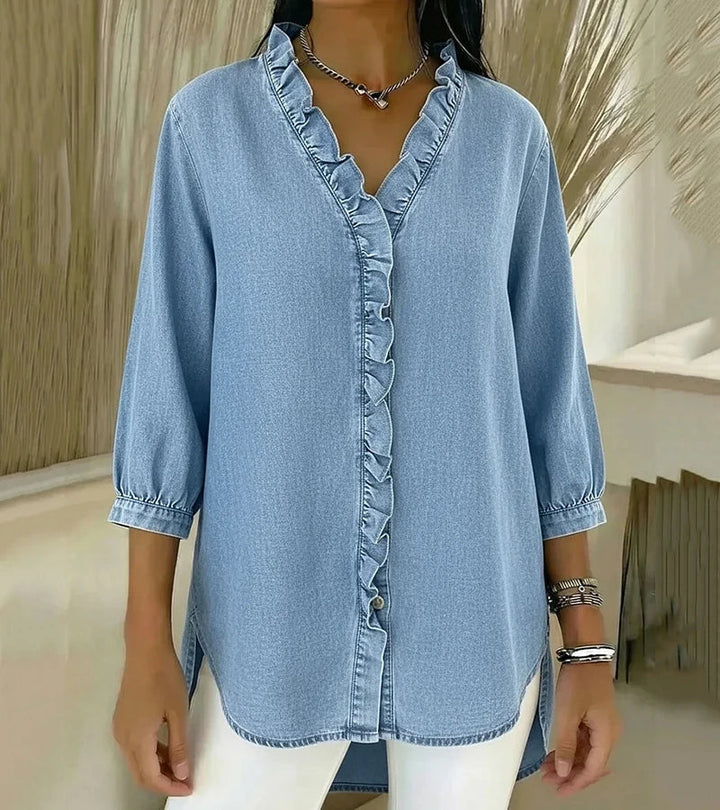 Damen V-Ausschnitt Denim Bluse - Langarm Top Mit Rüschen