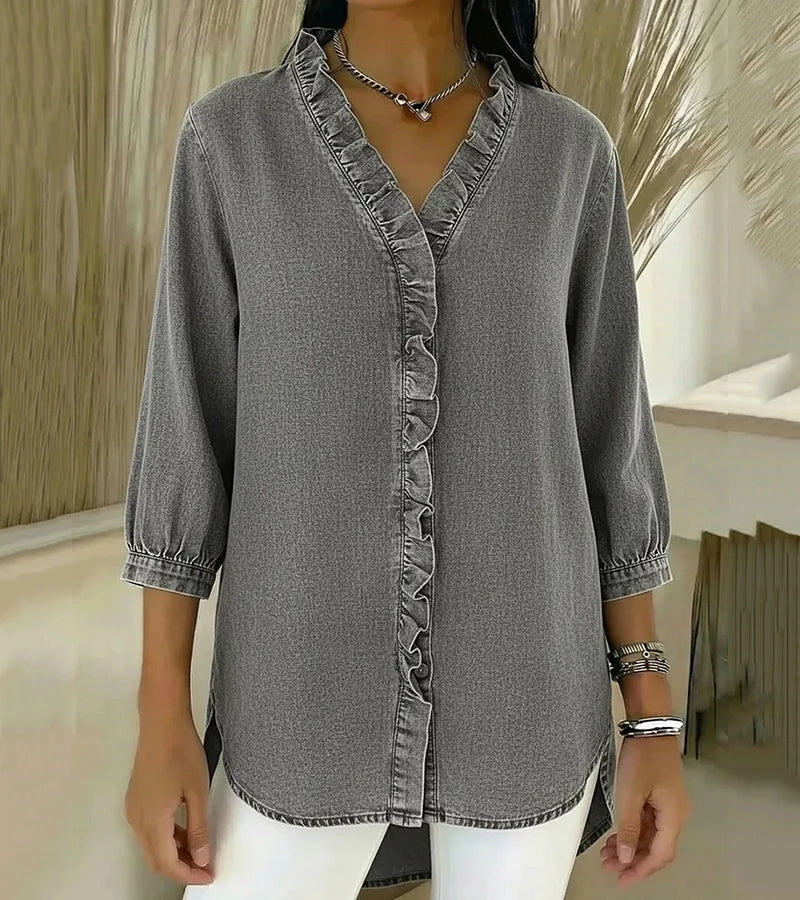 Damen V-Ausschnitt Denim Bluse - Langarm Top Mit Rüschen