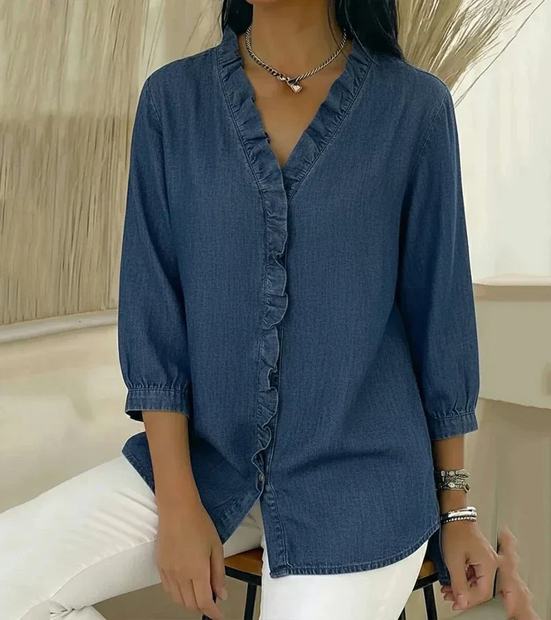 Damen V-Ausschnitt Denim Bluse - Langarm Top Mit Rüschen