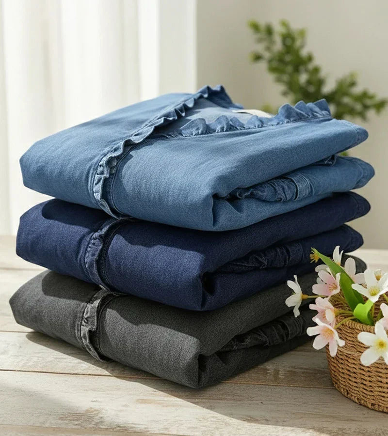 Damen V-Ausschnitt Denim Bluse - Langarm Top Mit Rüschen