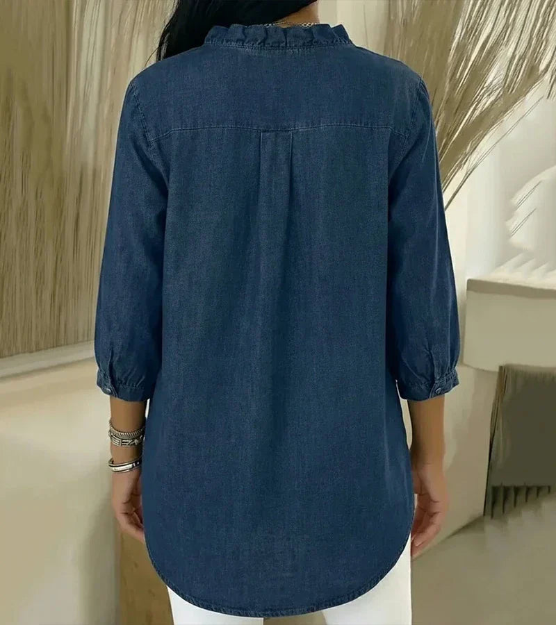 Damen V-Ausschnitt Denim Bluse - Langarm Top Mit Rüschen