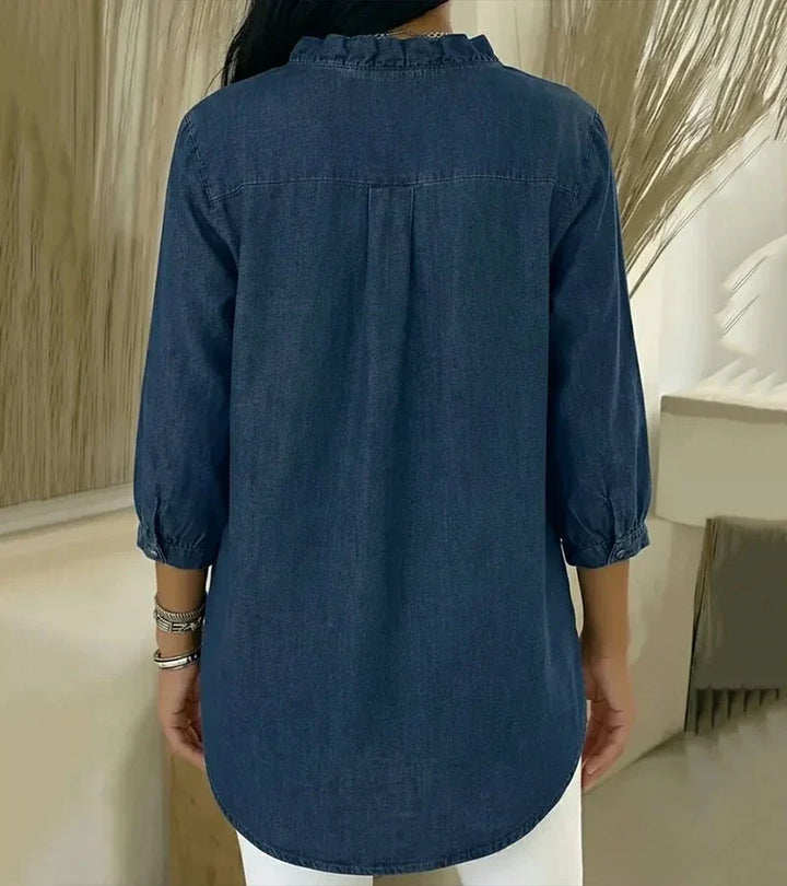 Damen V-Ausschnitt Denim Bluse - Langarm Top Mit Rüschen