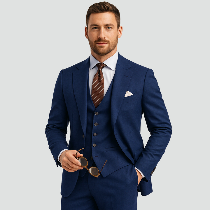 Luxuriöser Herrenanzug, 3-teilig – Blazer, Weste und Hose. Eleganter, formeller und maßgeschneiderter Stil