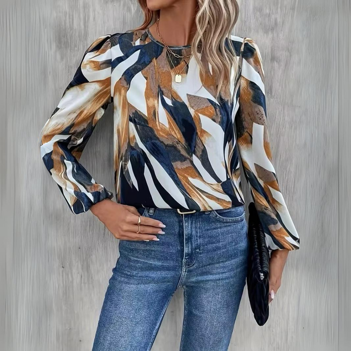 Damen Bunte Chiffonbluse – Langarm Laternenärmel Lässiges Top