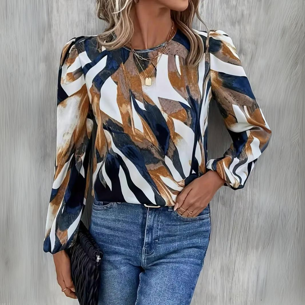 Damen Bunte Chiffonbluse – Langarm Laternenärmel Lässiges Top