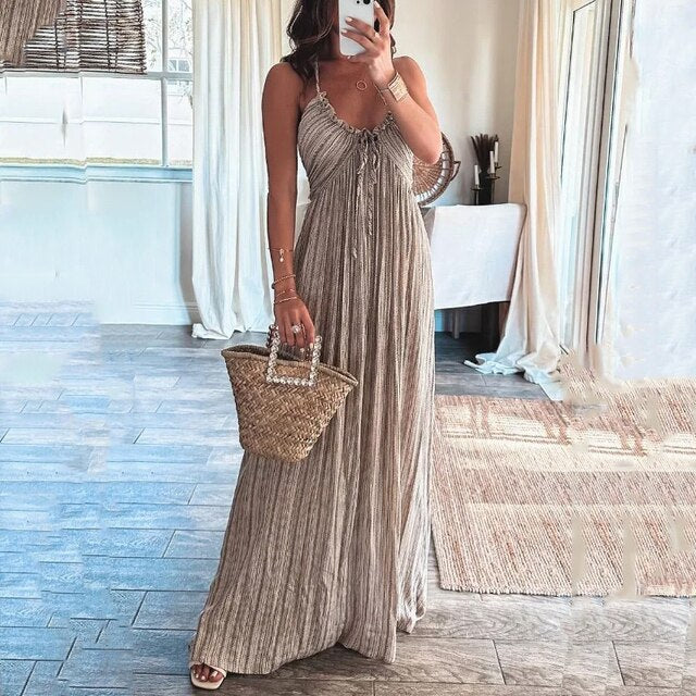 Damen V-Ausschnitt Falten Maxi Kleid