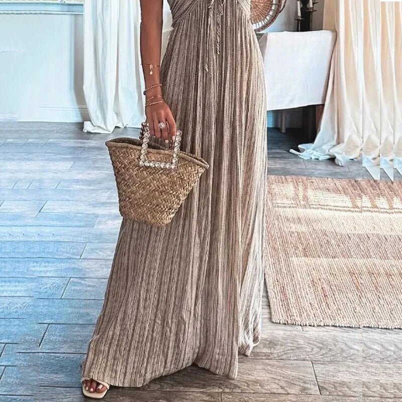 Damen V-Ausschnitt Falten Maxi Kleid