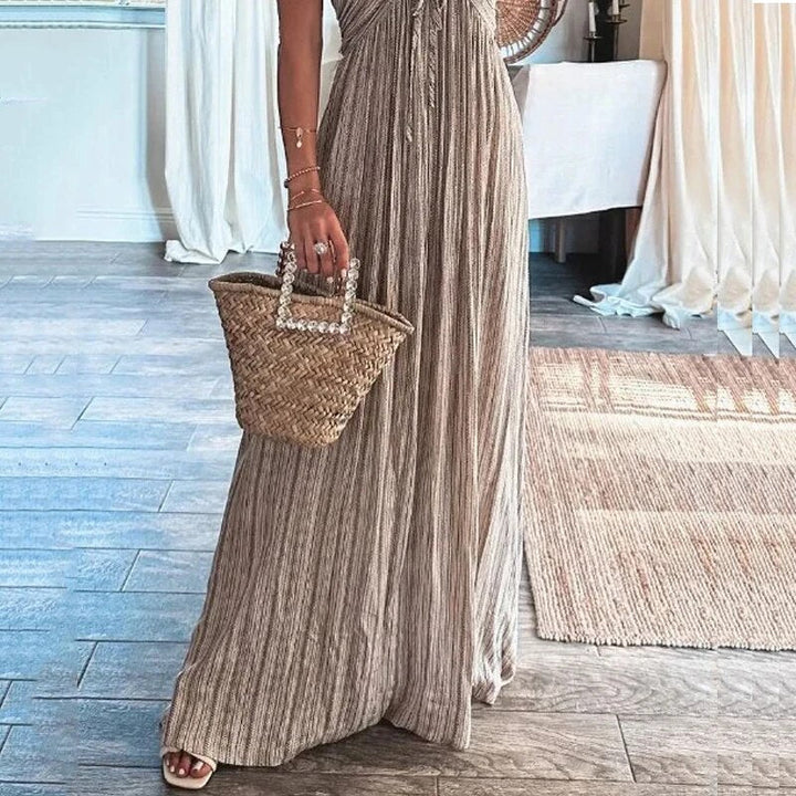 Damen V-Ausschnitt Falten Maxi Kleid