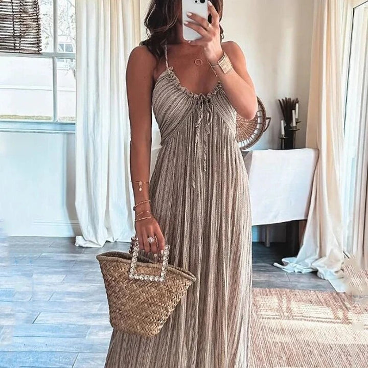 Damen V-Ausschnitt Falten Maxi Kleid