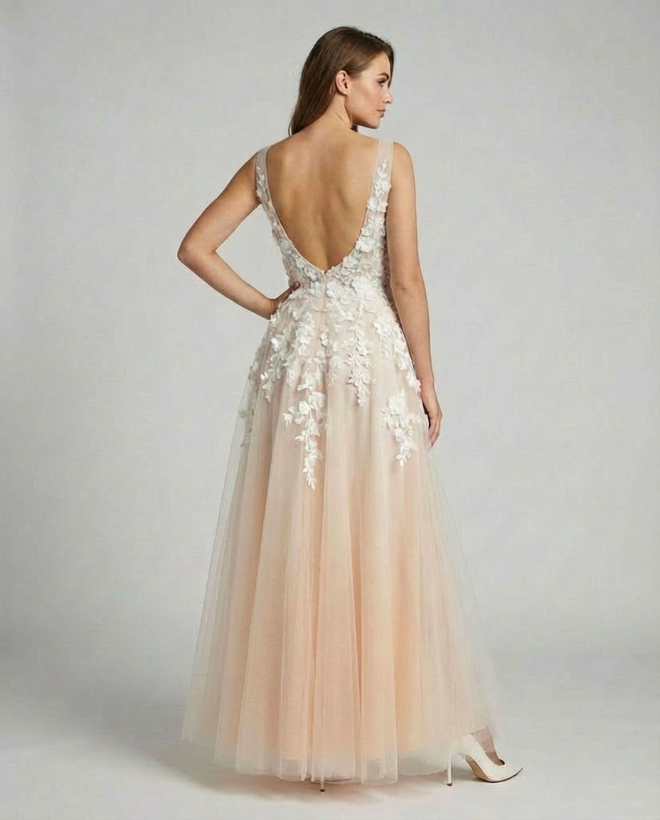 Damen Elegantes V-Ausschnitt Blumen Besticktes Hochzeitskleid – Luxus Brautkleid