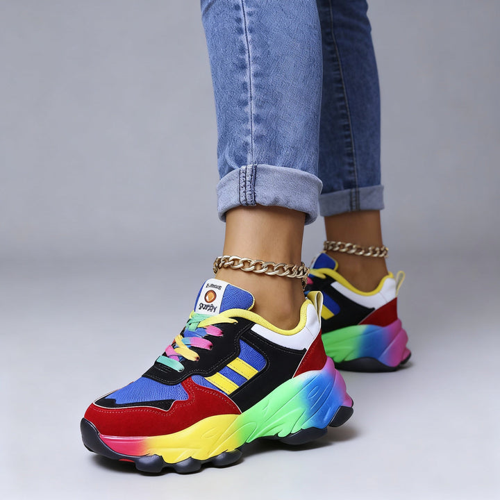Damen Orthopädische Regenbogen Schnür-Sneaker – Bunte Chunky Komfort Turnschuhe