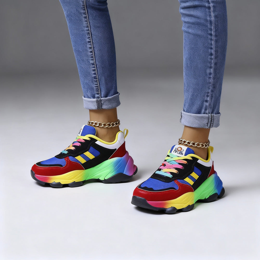 Damen Orthopädische Regenbogen Schnür-Sneaker – Bunte Chunky Komfort Turnschuhe